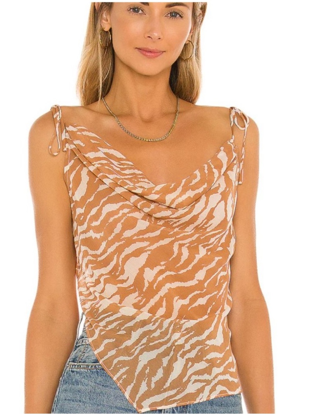 Camila Coelho Tati Zebra-Print Cowl Neck Cami in Tan & White